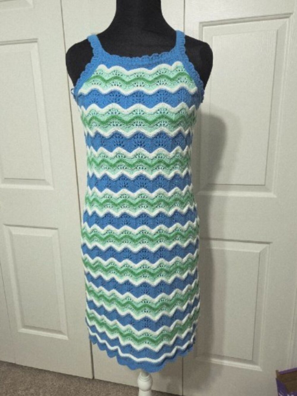 Freshman Blue Green Chevron Crochet Dress Size S